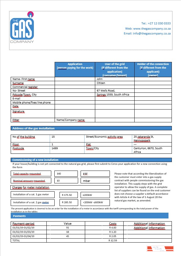 South Africa The GAS Company gas bill in Word format